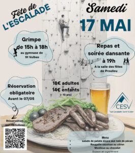 Rejoignez-nous le 17 mai pour une journée escalade et repas en famille, ouverte à tous les âges et niveaux. Inscription recommandée. Si tu souhaites, je peux aussi te fournir ces éléments formatés en HTML ou pour un post réseaux sociaux. Veux-tu ?