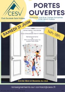 Affiche annonçant la journée portes ouvertes du club d’escalade de Saint-Vulbas le samedi 21 juin de 14h à 18h.