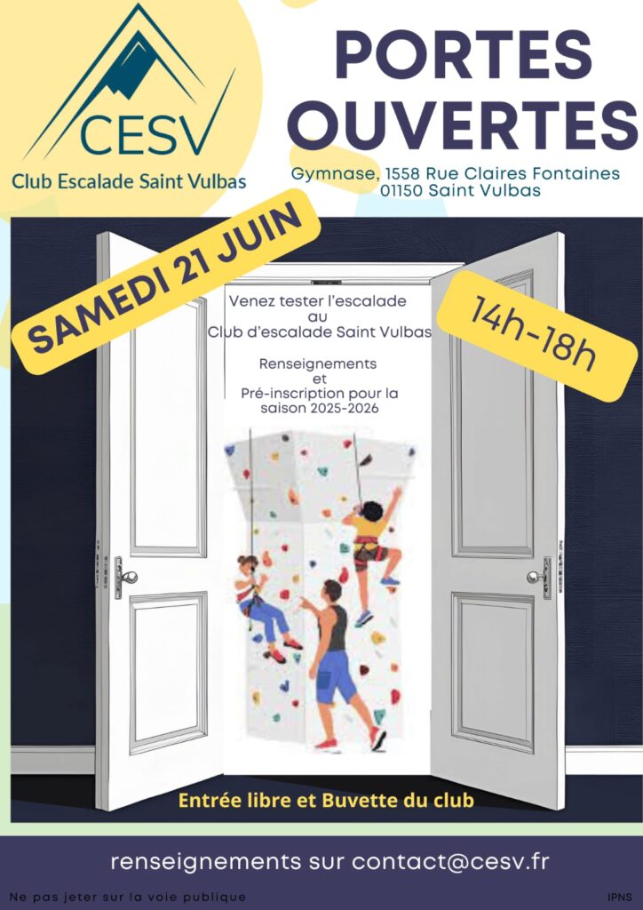 Affiche annonçant la journée portes ouvertes du club d’escalade de Saint-Vulbas le samedi 21 juin de 14h à 18h.