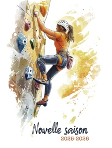Affiche d’une grimpeuse sur un bloc d’escalade artificiel en salle, annonçant la nouvelle saison au CESV avec le fronton de bloc.