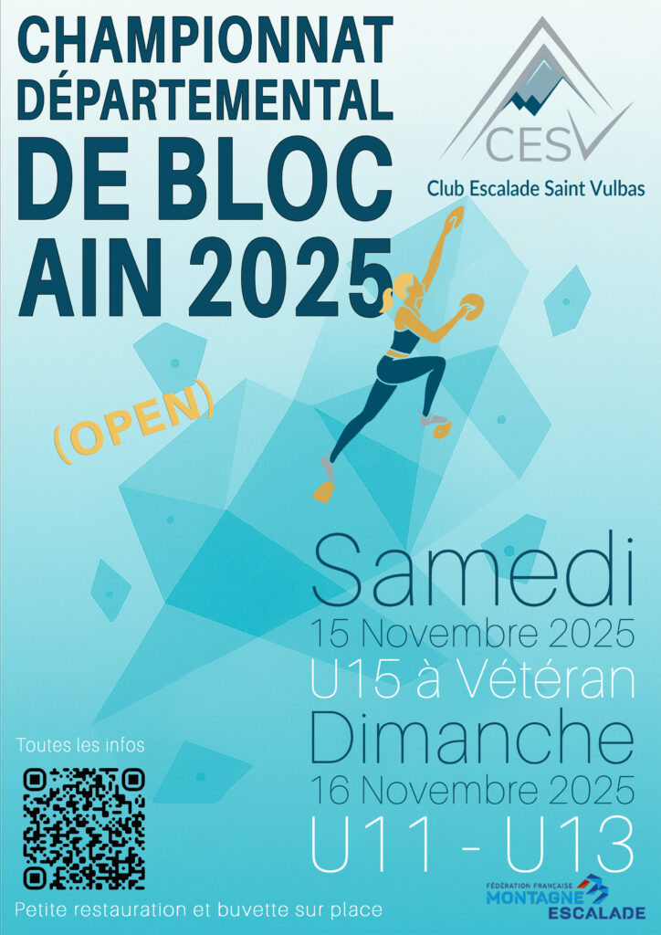 Affiche annonçant la compétition départementale d’escalade de bloc 2025 au Club d’Escalade de Saint-Vulbas dans l’Ain, les 15 et 16 octobre 2025.