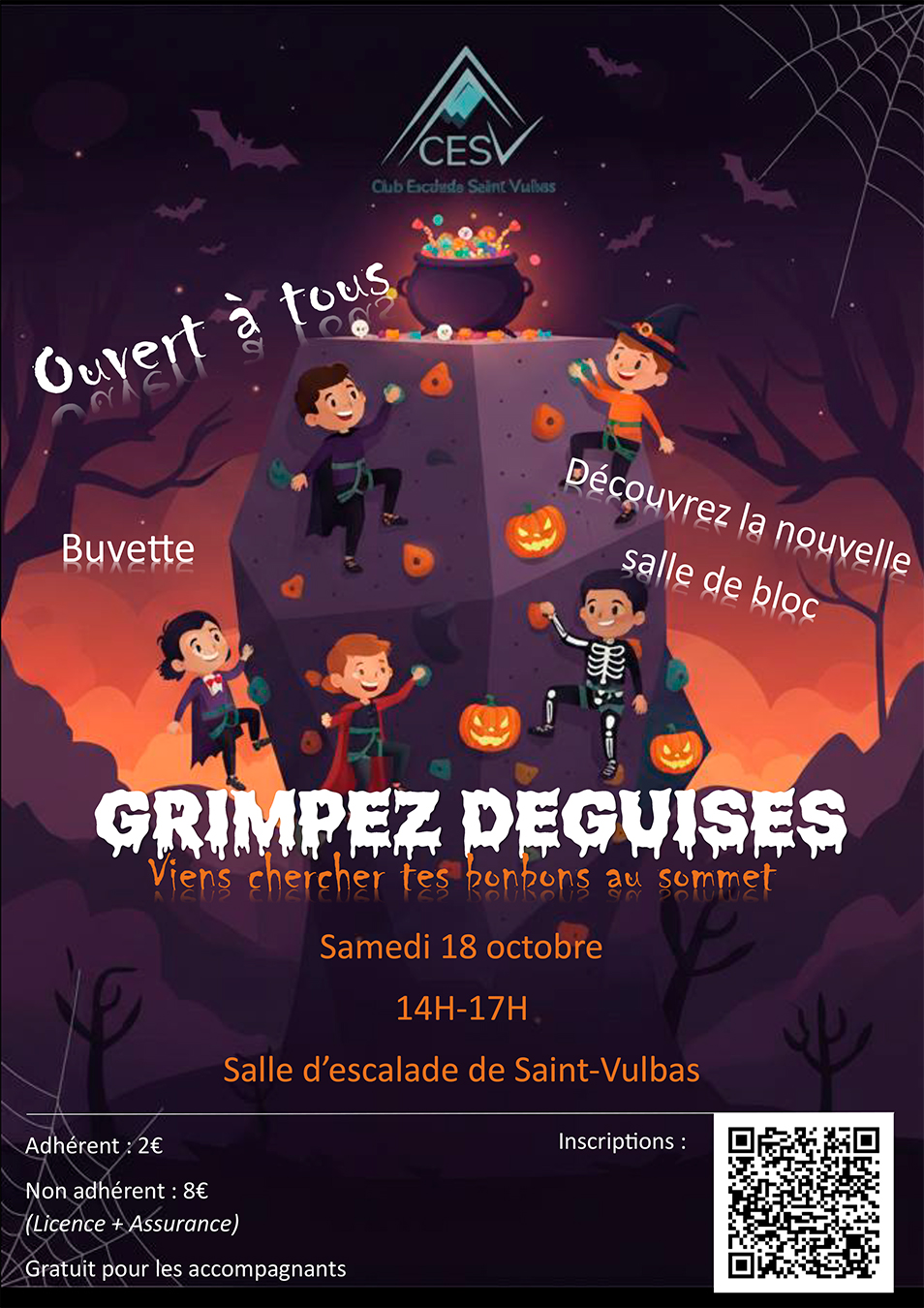Affiche annonçant l’événement Halloween du CESV : grimpez déguisés à la salle d’escalade de Saint-Vulbas le 18 octobre 2025, de 14h à 17h.