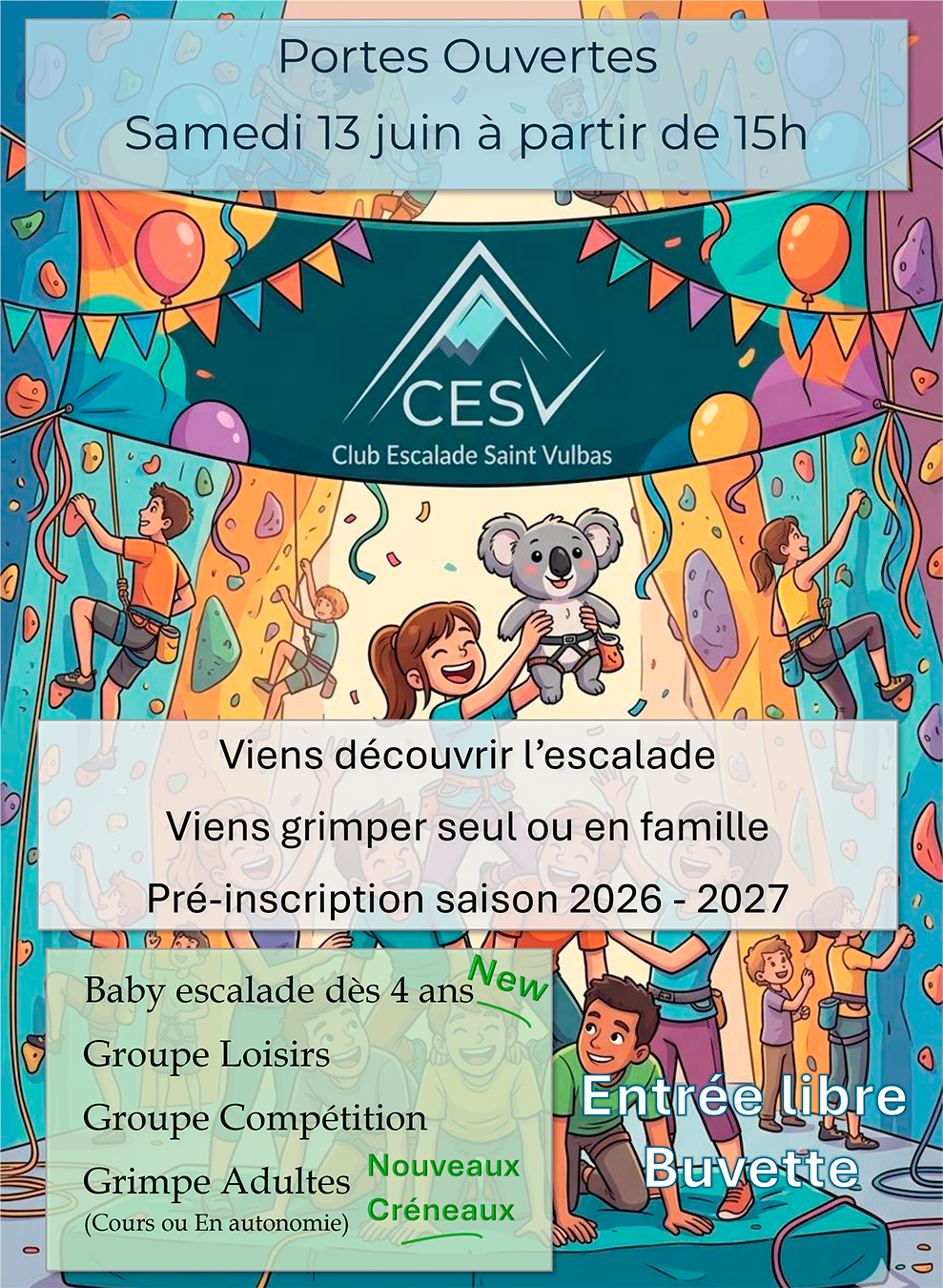 Portes ouvertes du Club d’Escalade de Saint-Vulbas CESV le 13 juin : découverte de l’escalade, grimpe en famille et pré-inscriptions saison 2026-2027, avec nouveauté baby escalade dès 4 ans.